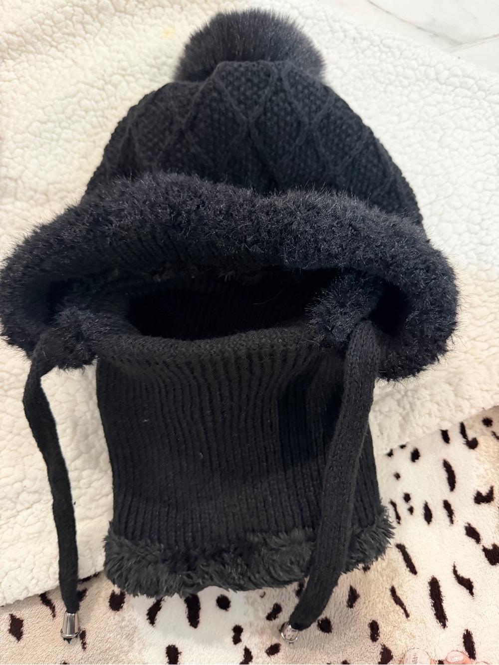 Black Knit Pom-Pom Hat with Faux-Fur Trim and Chin Ties